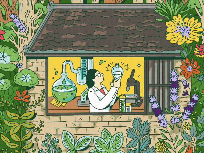 Colorful illustration of a scientist in a lab. We see the lab through a window. Outside the window, jungle vines and flowers surround the lab building.